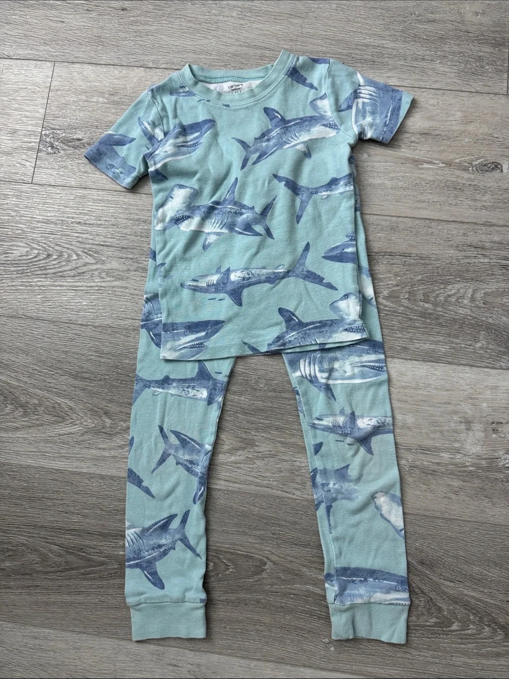 EUC Carter's Teal Stripe & Seafoam Shark Pajama Short Sleeve & Pants Sets Size 6